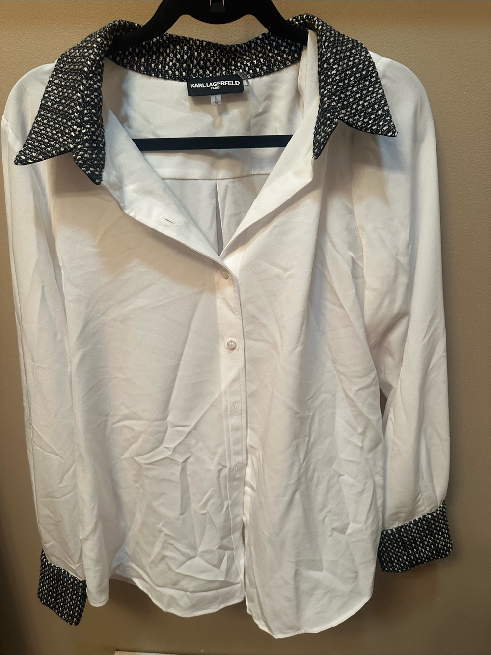 Karl Lagerfeld White Button-Down Shirt with Black-Patterned Collar & Cuffs